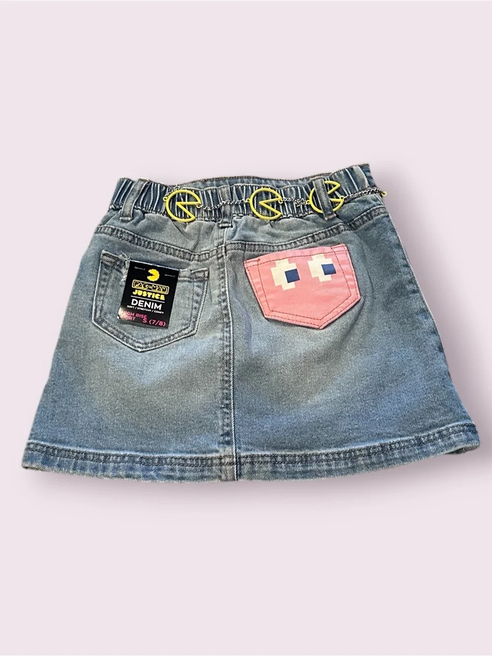 Girls Justice Pac-Man Patch Denim Mini Skirt With Belt **Broken Size Small 7/8